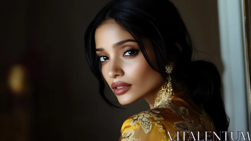 Portrait glamour highlights golden embroidered elegance.