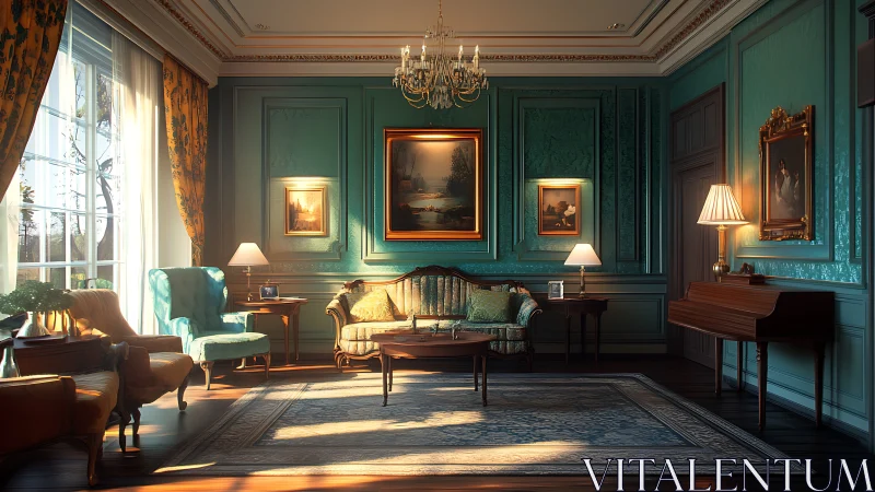 Sunlit neoclassical salon with teal wall paneling and layered luminance