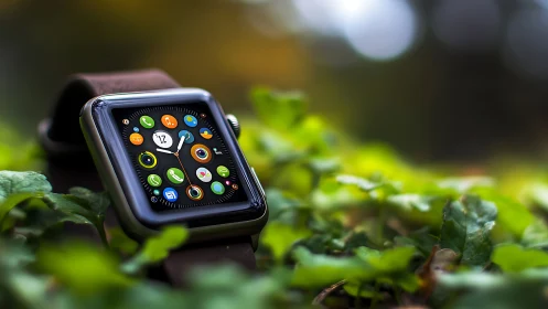 Smartwatch with app grid on leather band in shallow-focus foliage