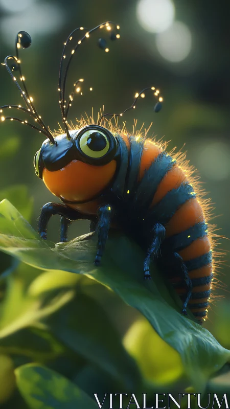 Macro render of stylized bioluminescent caterpillar on leaf
