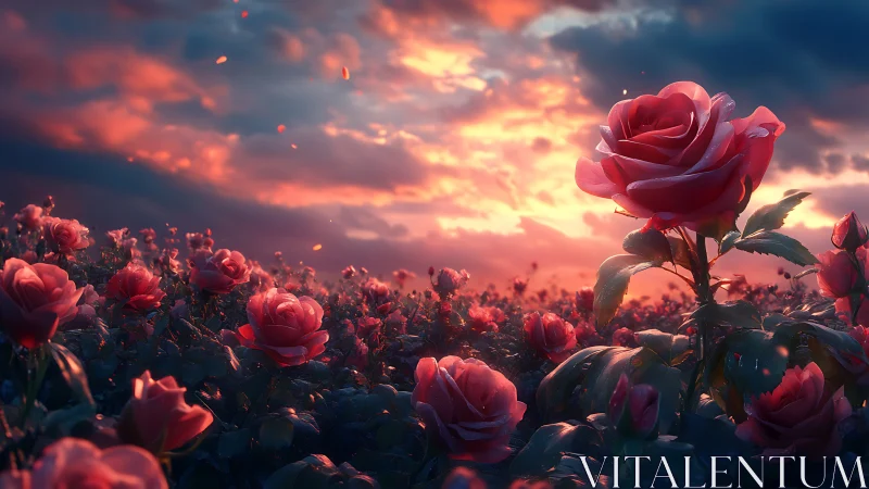 Red roses field at dramatic sunset with volumetric clouds.