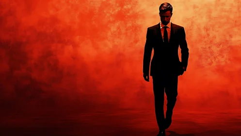 Confident man in a suit walks through bold red light calmly