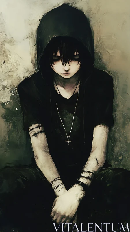 Hooded anime youth seated with folded hands in shadow.