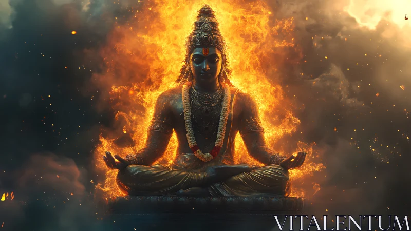 Flame-wreathed meditative deity radiates molten serenity.