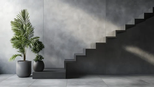 Minimalist Interior Space with Geometric Staircase and Plant Elements