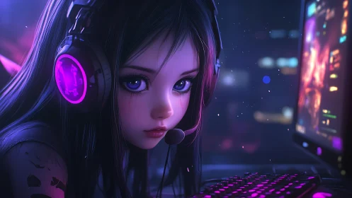 Girl gamer with headset focuses on illuminated monitor