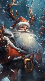 Regal winter Santa with antlers in dynamic digital snow scene.