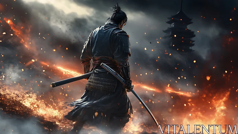 Samurai figure with katana amid fire and distant pagoda.
