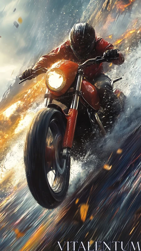 Fearless rider charging through rain, sparks, and rushing water.