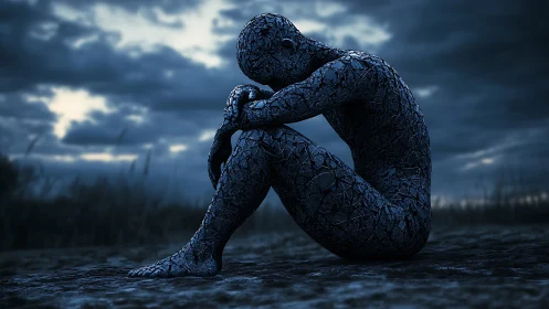 Quiet dusk figure woven from fragile blue fragments.