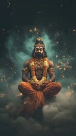 Meditating deity figure floats above clouds in glowing haze