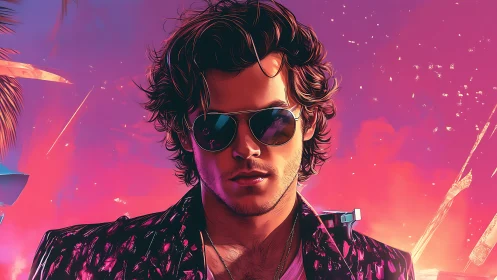 Neon sunset rebel in reflective aviator shades portrait.