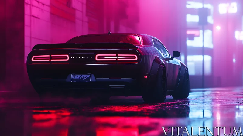 Rear view of sports coupe in saturated pink neon street