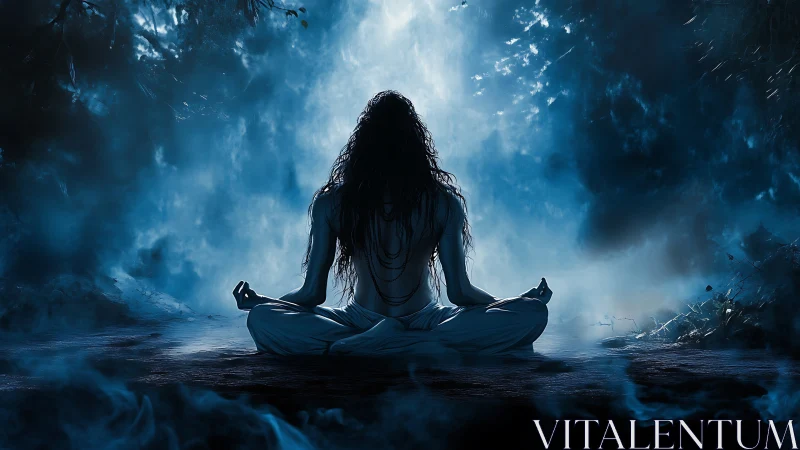 Solitary figure meditating in blue-tinged forest gloom.