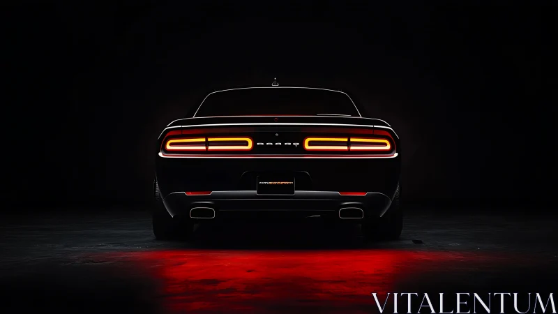 Muscle car rear silhouette glows with vivid red taillights.