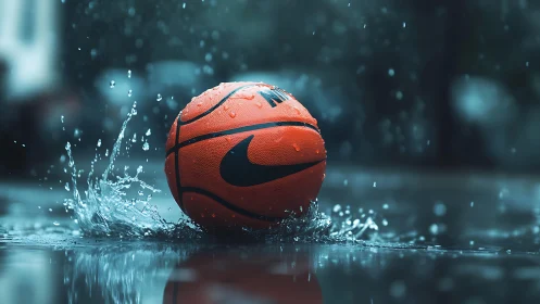 Wet basketball splashing on reflective rainy court surface.