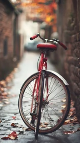 Red bicycle positioned in urban alleyway with blurred architectural background.