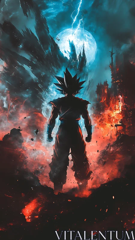 Silhouetted warrior under stormlit moon in fiery rift.