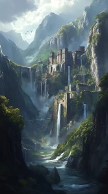 Mountain fortress city crowns cascading emerald waterfalls.