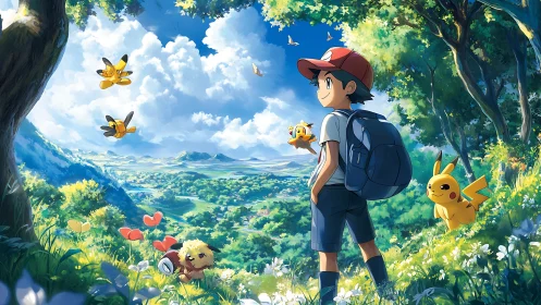 Anime landscape with trainer and electric creatures in sunlit valley