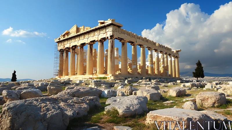 Sunlit Parthenon sentinel above scattered marble echoes.