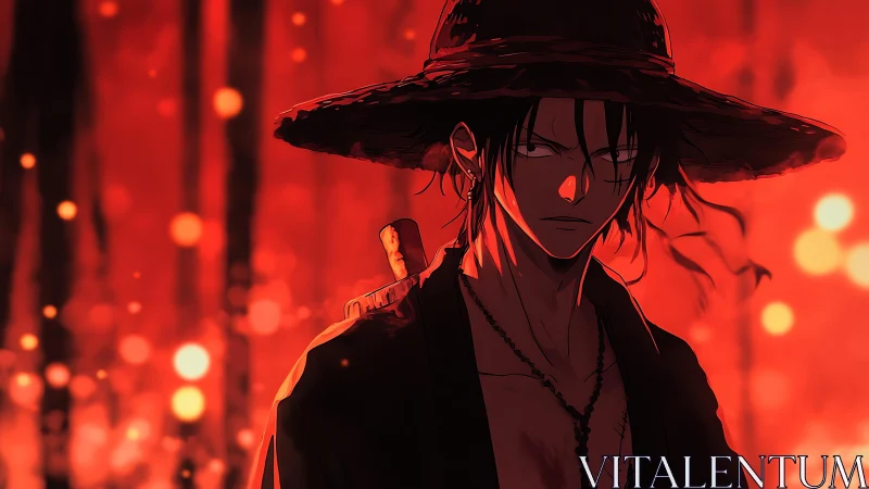 Lone anime swordsman walks through burning crimson night