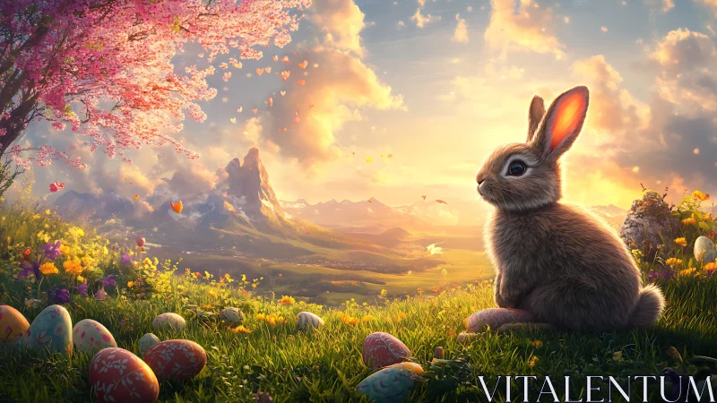 Spring meadow rabbit in glowing sunset fantasy landscape.