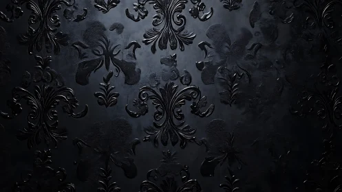 Ornate glossy black baroque damask texture in low light.