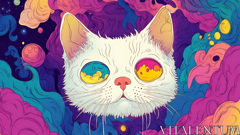 White cat head amid multicolored swirling abstract forms.