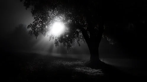 Backlit tree silhouette bisects nocturnal fog with radiating beams