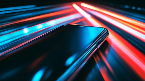 Smartphone on reflective surface with dynamic neon light trails.