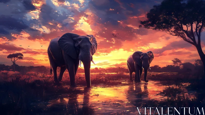 Elephants wade through glowing sunset waters on the savanna.