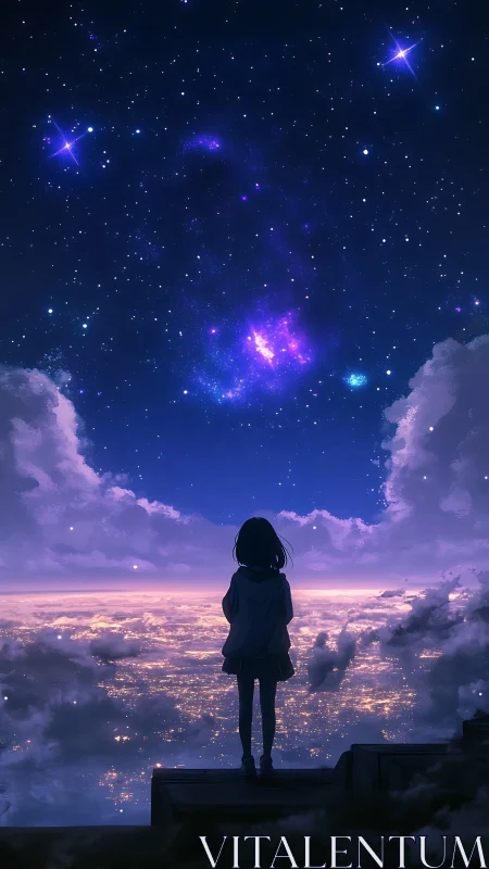Stargazing silhouette above luminous cloud city horizon.