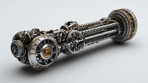 Cutaway steampunk-inspired drivetrain showcases precision gearing