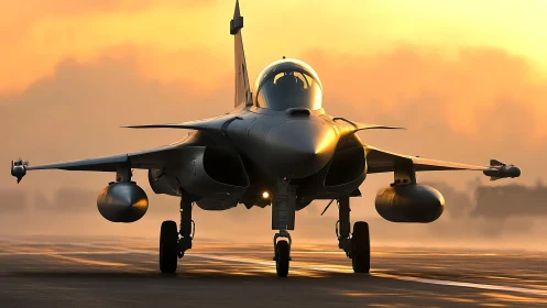 Modern fighter jet on runway in warm sunset light.