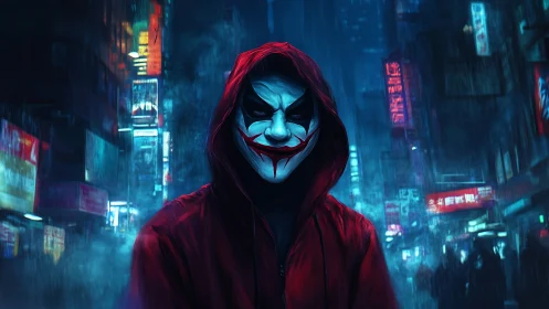 Hooded figure in clown mask stands in neon city street