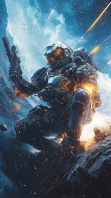 Armored sci-fi trooper in dynamic cosmic battlefield tableau.