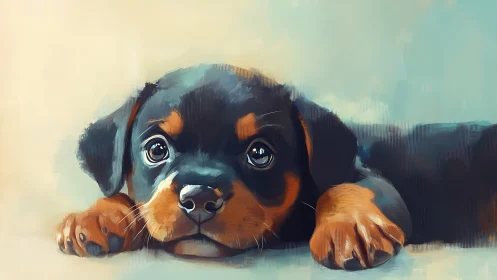 Low-angle digital painting studies resting Rottweiler puppy gaze