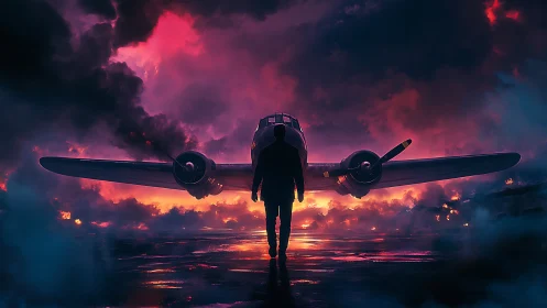 Solitary pilot walks toward vintage plane under burning sky