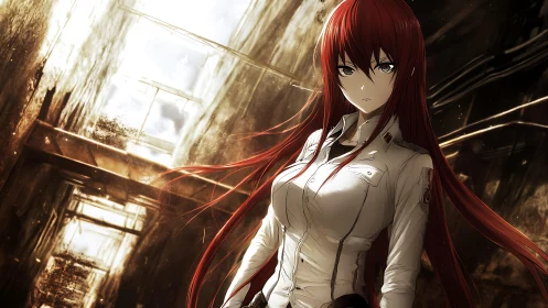 Red-haired heroine stands defiant in a ruined alleyway
