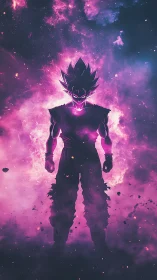 Cosmic warrior radiates neon-purple galaxy power aura.