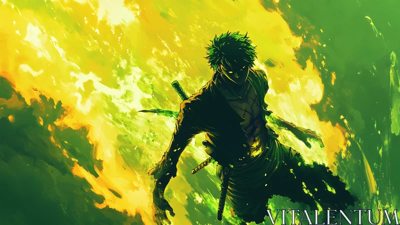 Incandescent swordsman silhouette amid chromatic plasma surge.