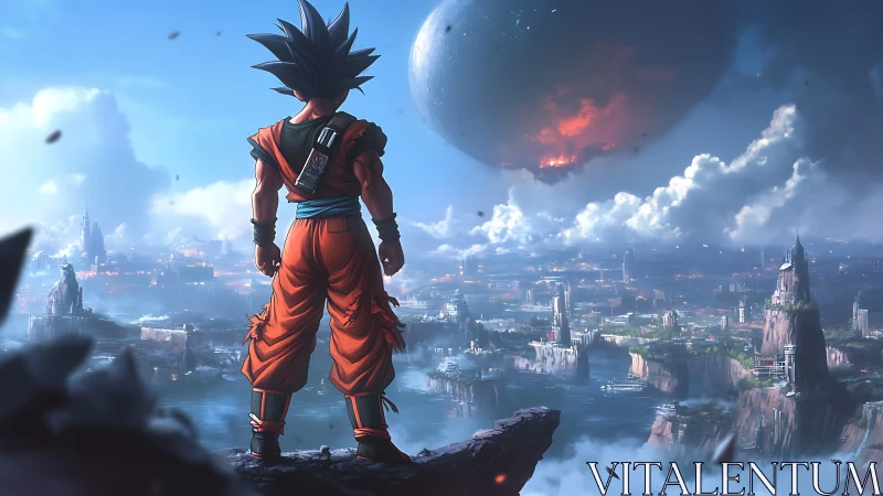 Lone warrior measures a crumbling sky as planets ignite