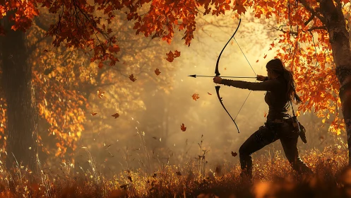 Autumn archer draws bow under glowing forest canopy.