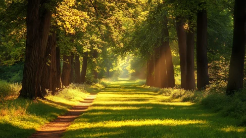 Sunlit forest pathway with tall trees and warm golden light.