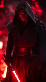 Hooded dark warrior grips red lightsaber in molten glow