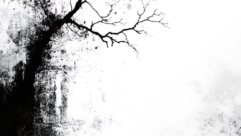 Stark black tree silhouette dissolves into abstract ink field