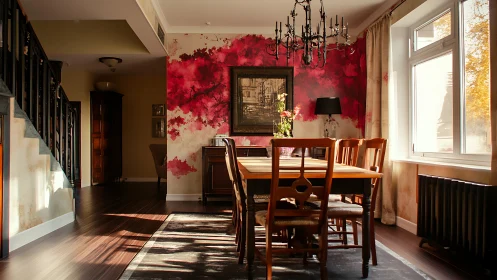 Warm dining room hosts wooden table beneath ornate chandelier