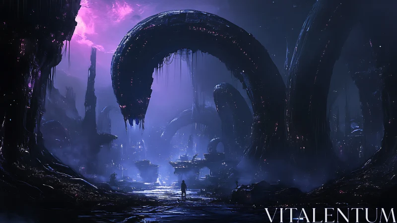 Colossal alien arches curve above lone explorer skyline.