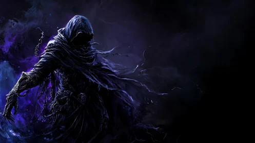 Hooded wraith in flowing violet energy rendered with dynamic lighting